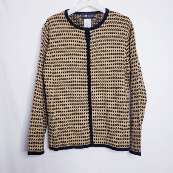 Sag Harbor Houndstooth Tan & Black Button Cardigan Sweater Women's Size Medium - Picture 7 of 7